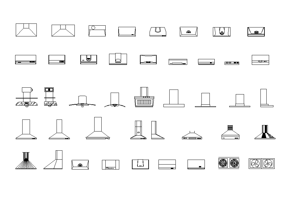 Different type of range hoods detail elevation 2d view dwg file