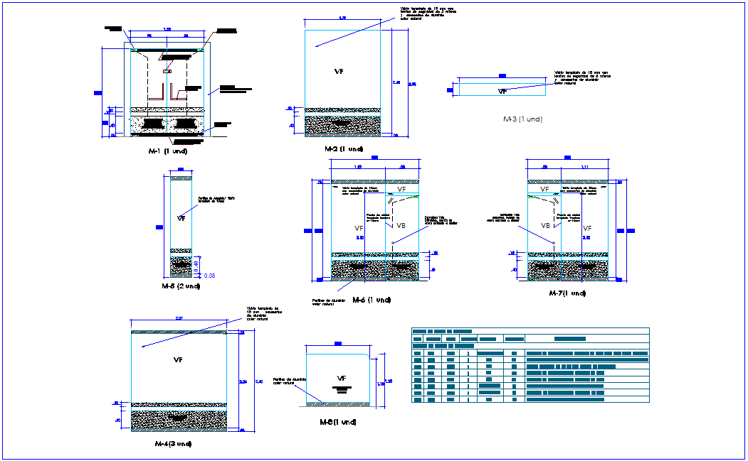 Different types of elevation detail of window with its table view for office dwg file