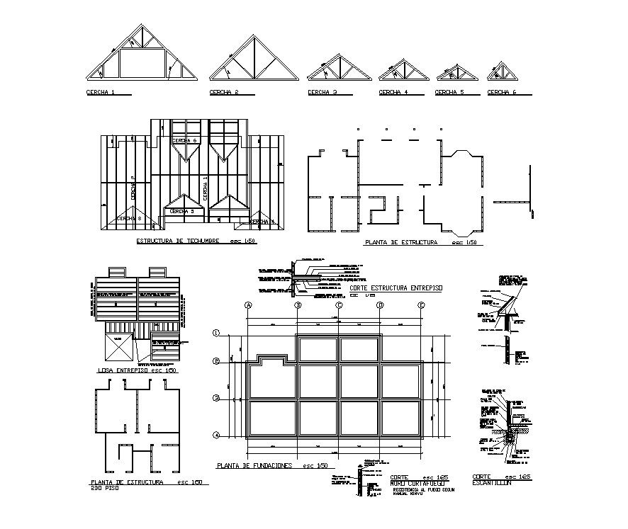 Different types of roofing structure 2d view CAD structural block layout dwg file
