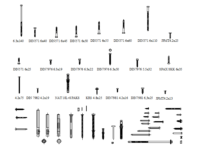 Different types of screws dwg file