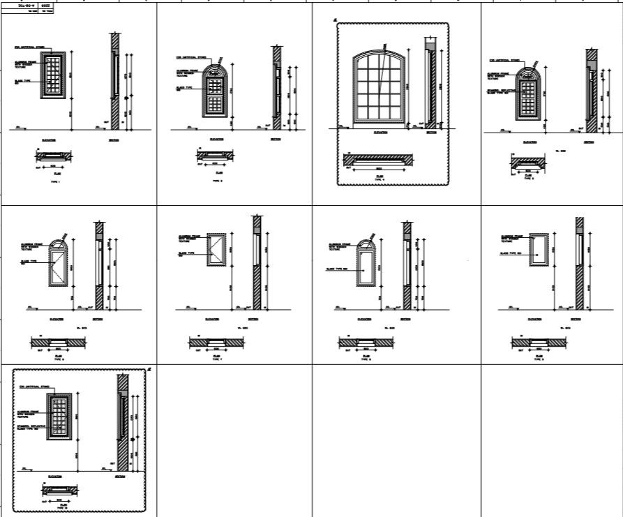 Different types of window detail with its plan, section and elevation.