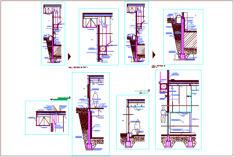 Different wall section construction view for multipurpose room of turkey dwg file