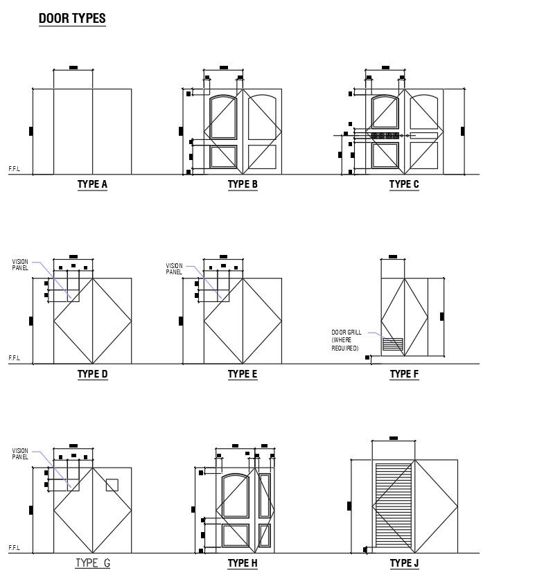 Different Door types in AutoCAD 2D drawing, CAD file, dwg file