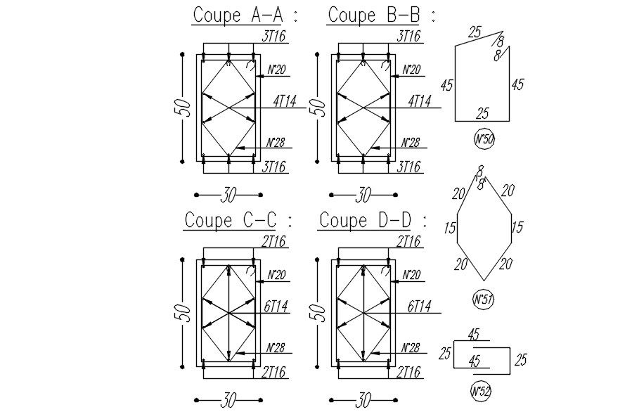 Different beam sections design with reinforcement details in AutoCAD 2D drawing, CAD file, dwg file
