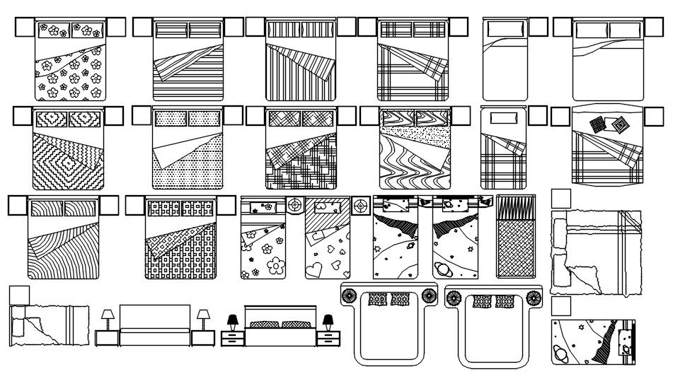 Complete Bed Block Designs in AutoCAD 2D DWG Files