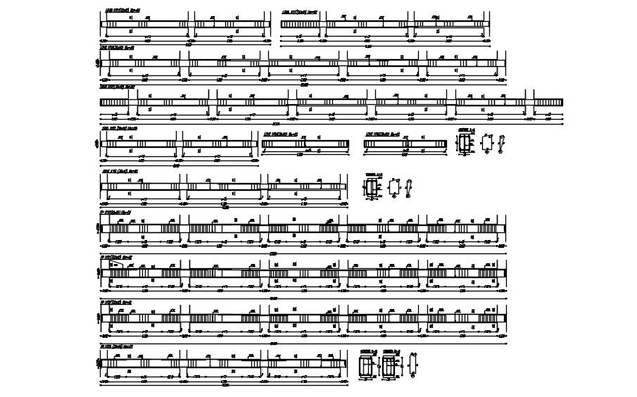 Different cross section of beams with reinforcement details in AutoCAD 2D drawing, CAD file, dwg file