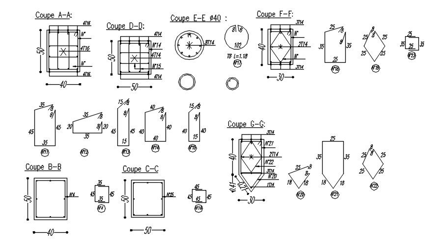 Different cross sections of beam with reinforcement details in AutoCAD 2D drawing, dwg file, CAD file