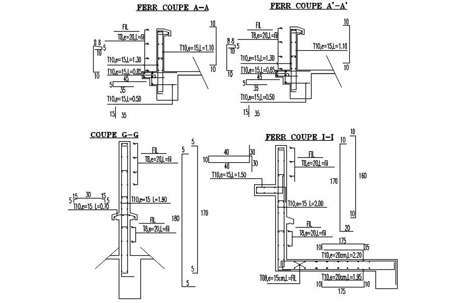 Different cross sections of coping with reinforcement details design in AutoCAD 2D drawing, CAD file, dwg file
