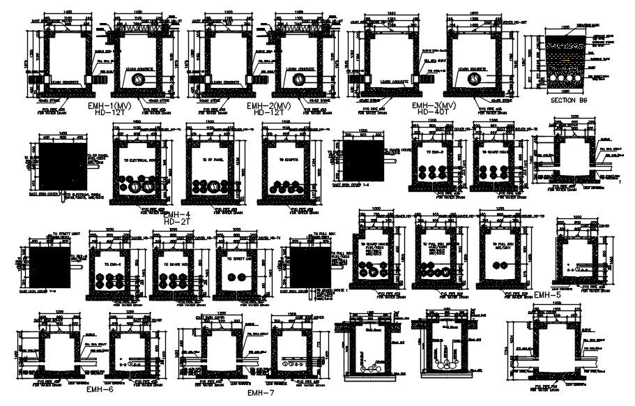 Different design of electrical manhole structure in AutoCAD 2D drawing, dwg file, CAD file