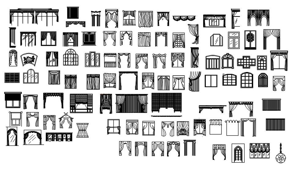 Different designs of curtains CAD blocks in AutoCAD 2D drawing, CAD file, dwg file