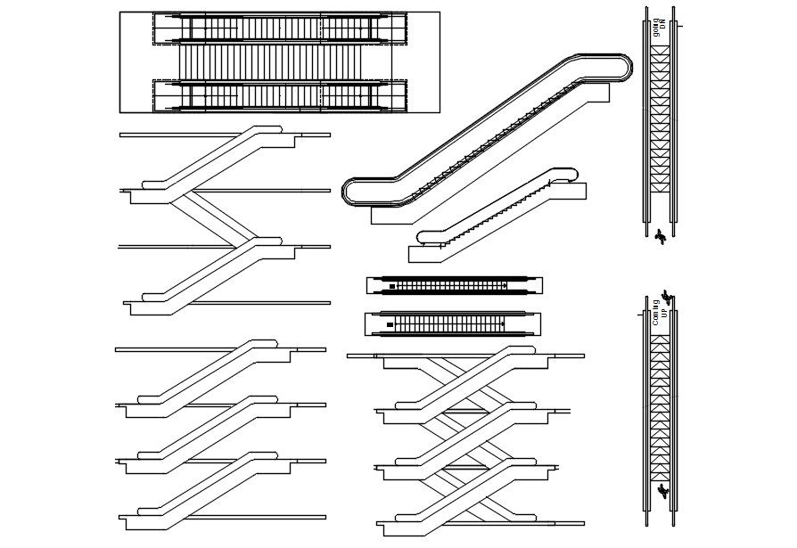 Different designs of escalator CAD blocks in AutoCAD 2D drawing, CAD file, dwg file