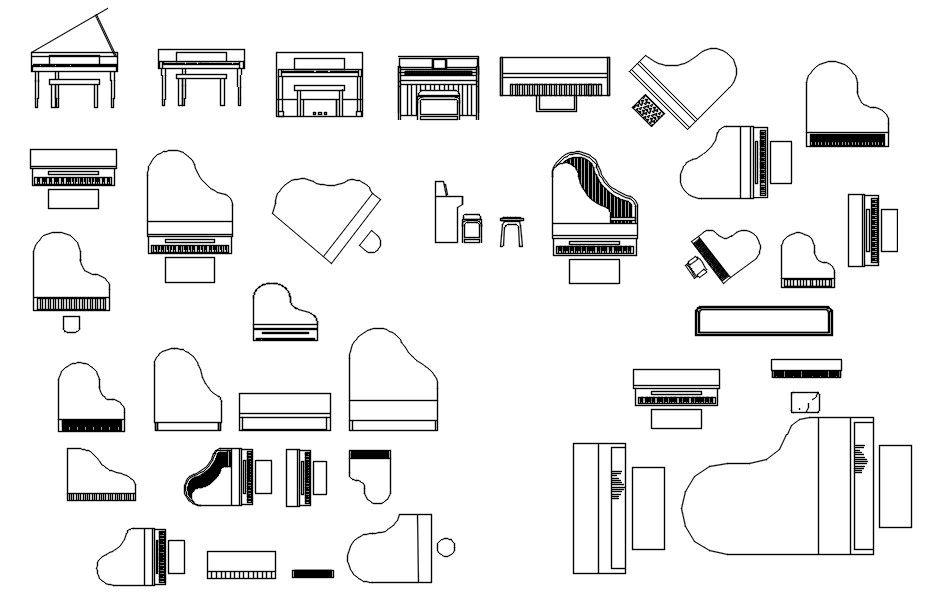 Piano CAD Blocks AutoCAD 2D Drawing DWG File with Multiple Designs