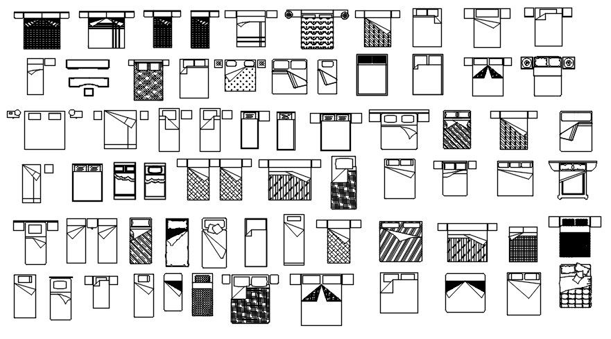 Different designs of single bed and double bed CAD blocks in AutoCAD 2D drawing, CAD file, dwg file