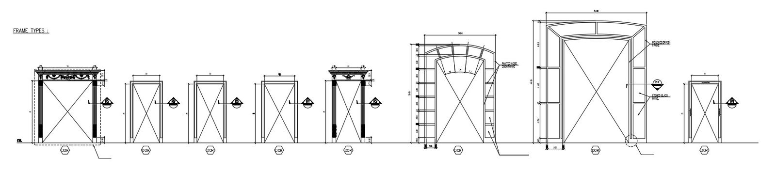 Different door frame types in AutoCAD drawing, dwg file, CAD file