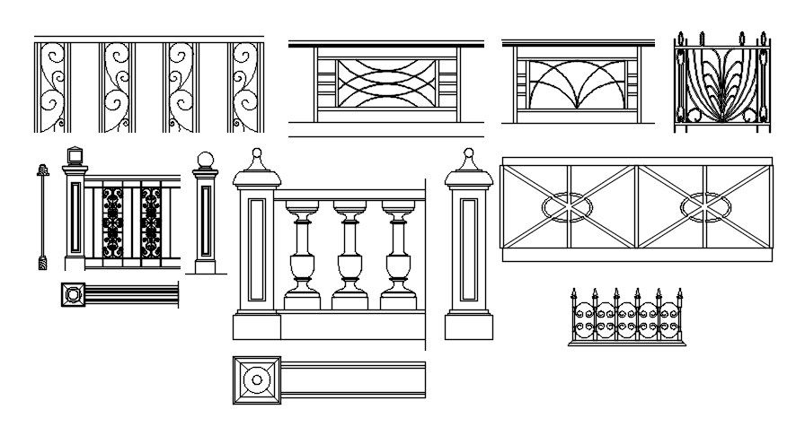 Different handrail patterns in AutoCAD 2D drawing, dwg file, CAD file