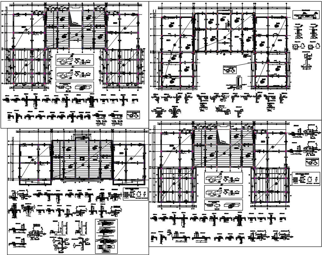 Different level raft foundation layout plan with reinforcement details and other different structures section design in AutoCAD 2D drawing, CAD file, dwg file