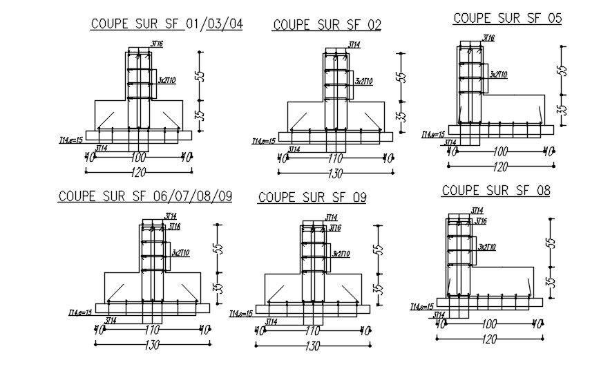 Different sections of Footing with reinforcement details in AutoCAD 2D drawing, CAD file, dwg file