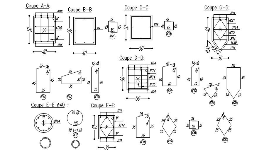 Different shapes of column design with reinforcement details in AutoCAD 2D drawing, CAD file, dwg file