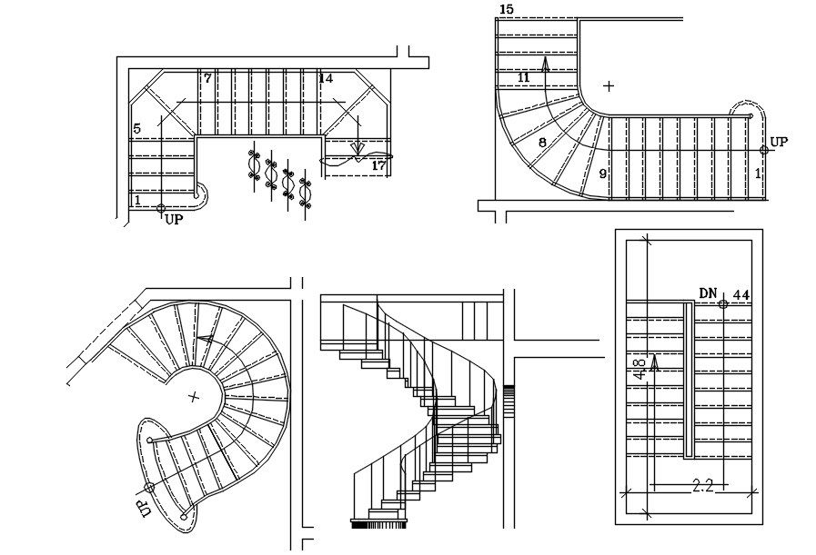 Different shapes of stairs design in AutoCAD 2D, dwg file, CAD file