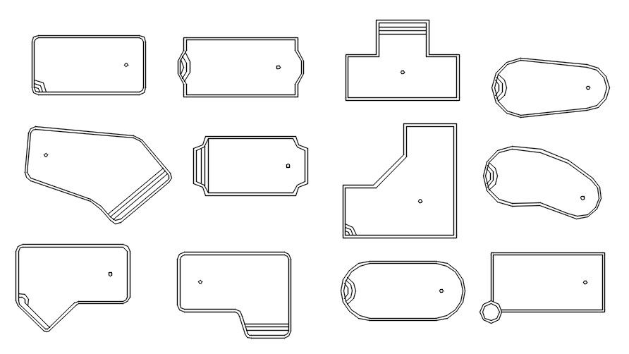 Different shapes of swimming pool cad blocks in AutoCAD, dwg file.