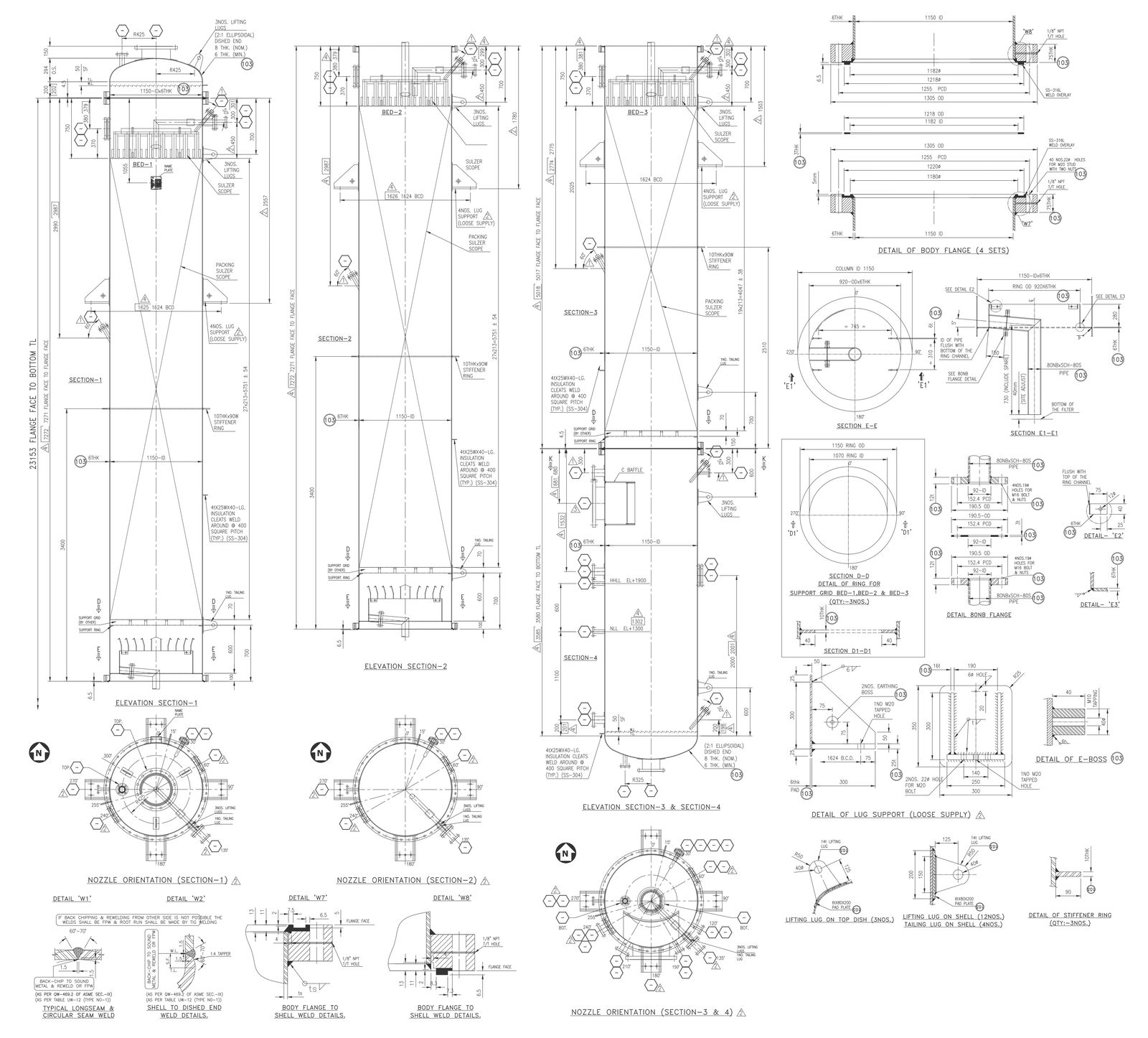Different size nozzle plan section and elevation detail DWG AutoCAD drawing