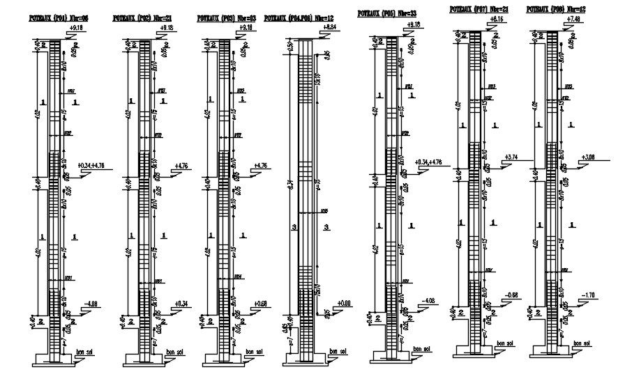 Different sizes of column sections with reinforcement details design in AutoCAD 2D drawing, CAD file, dwg file