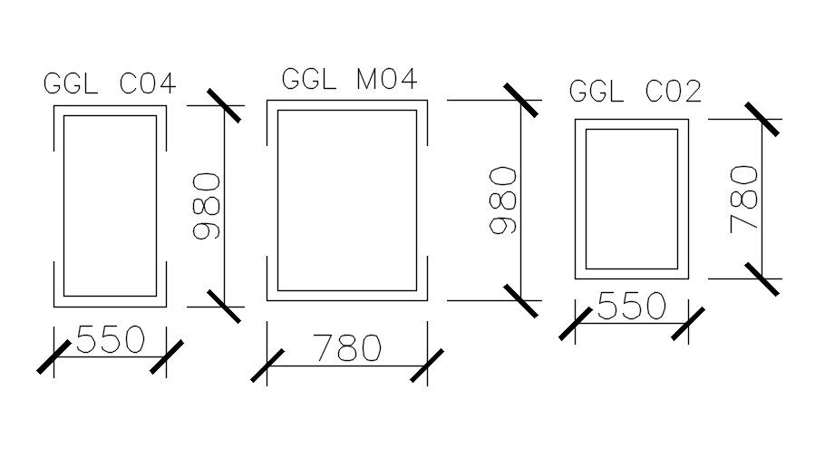 Different sizes of windows in AutoCAD 2D drawing, dwg file, CAD file