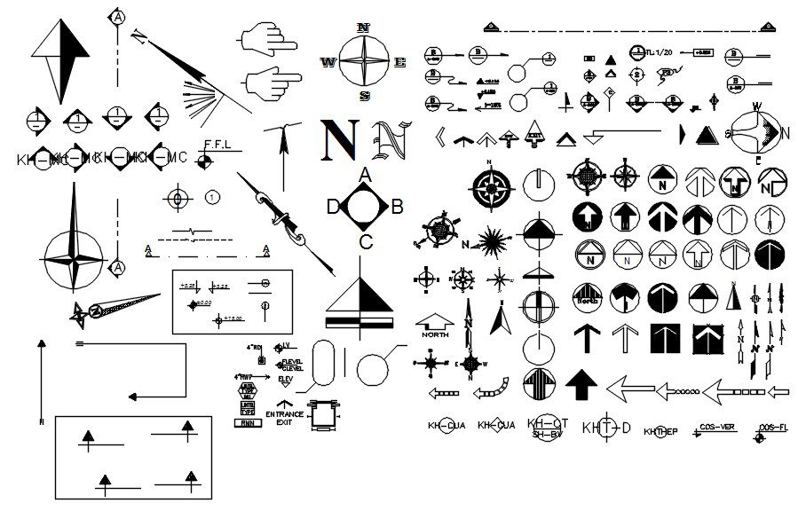 Different symbols and arrows design CAD blocks in AutoCAD 2D drawing, CAD file, dwg file