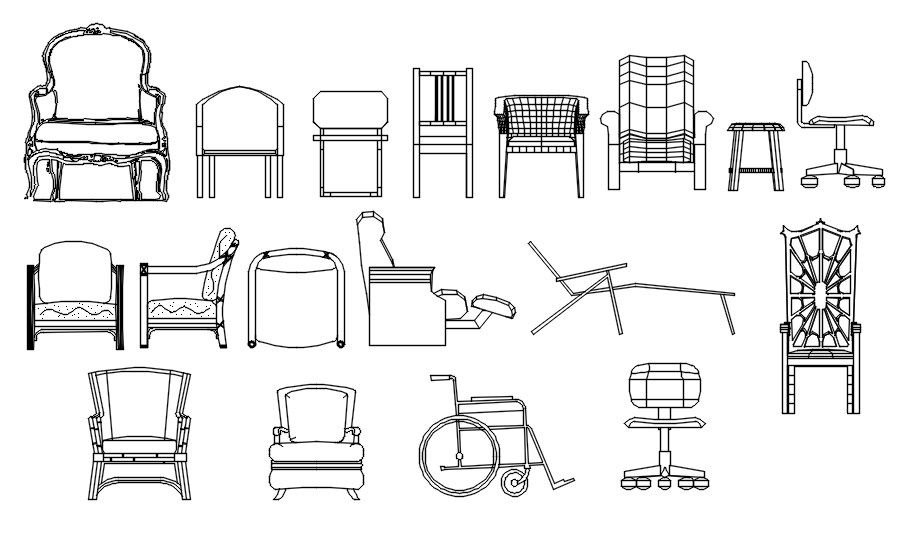 Different types of chair blocks, dwg file, CAD file