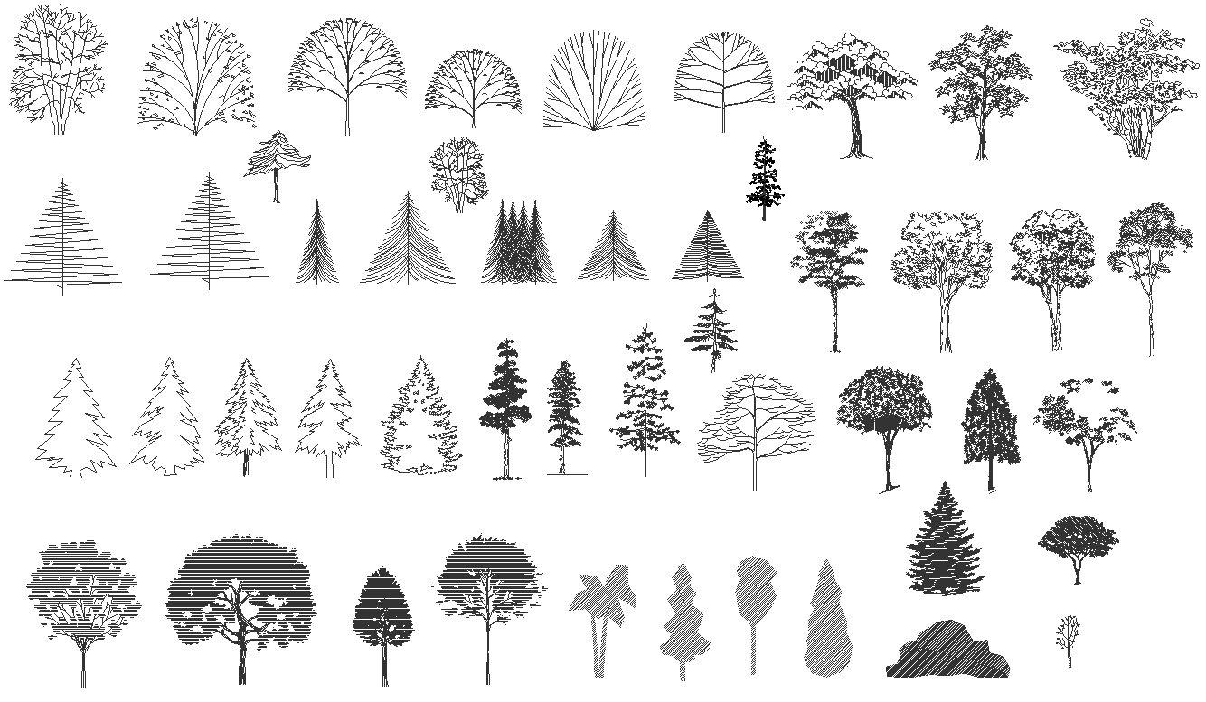 Different types of line art trees drawing 2d dwg autocad drawing .