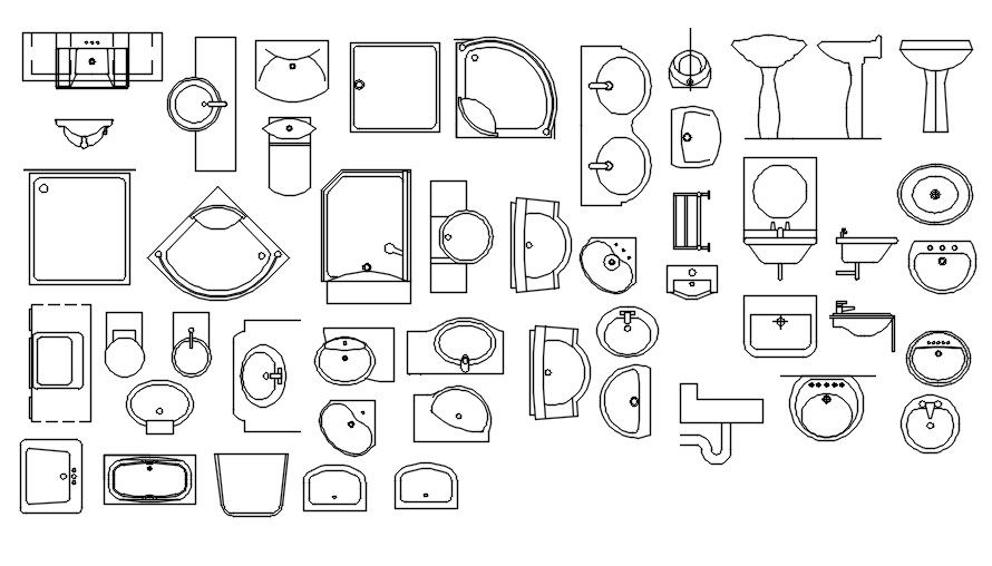 Different types of washbasin CAD blocks design in AutoCAD 2D drawing, CAD file, dwg file