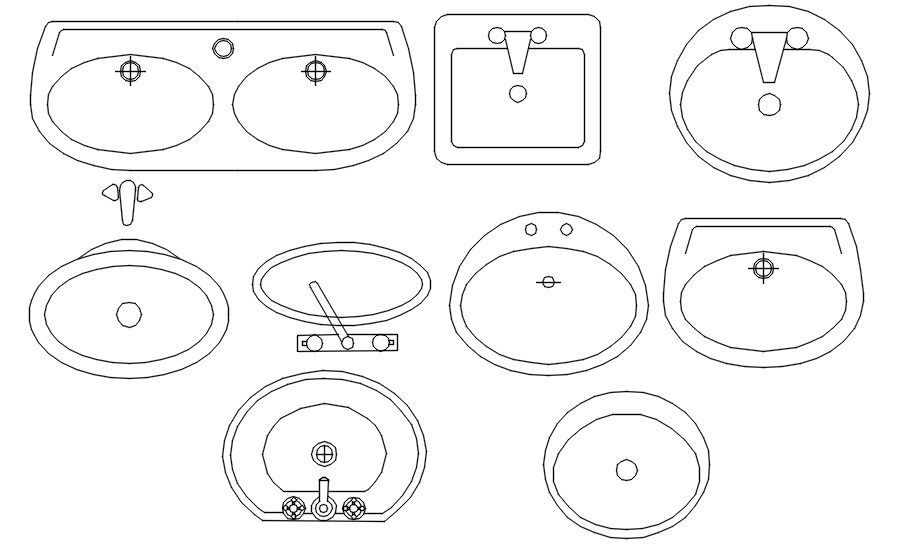 Different types of washbasins in detail AutoCAD drawing, dwg file, CAD file