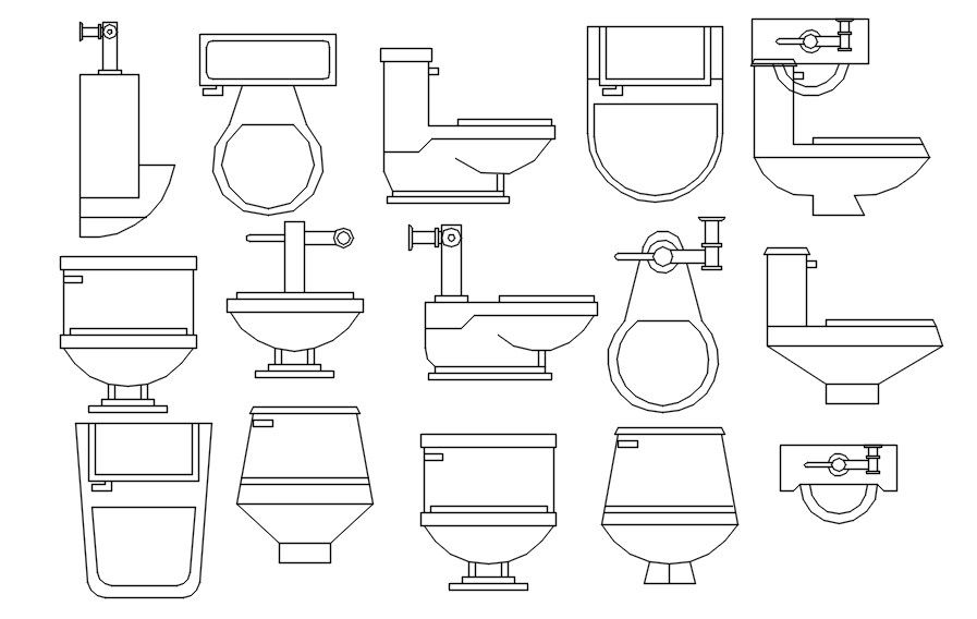 Different types of wc cad blocks in AutoCAD, 2d dwg file.