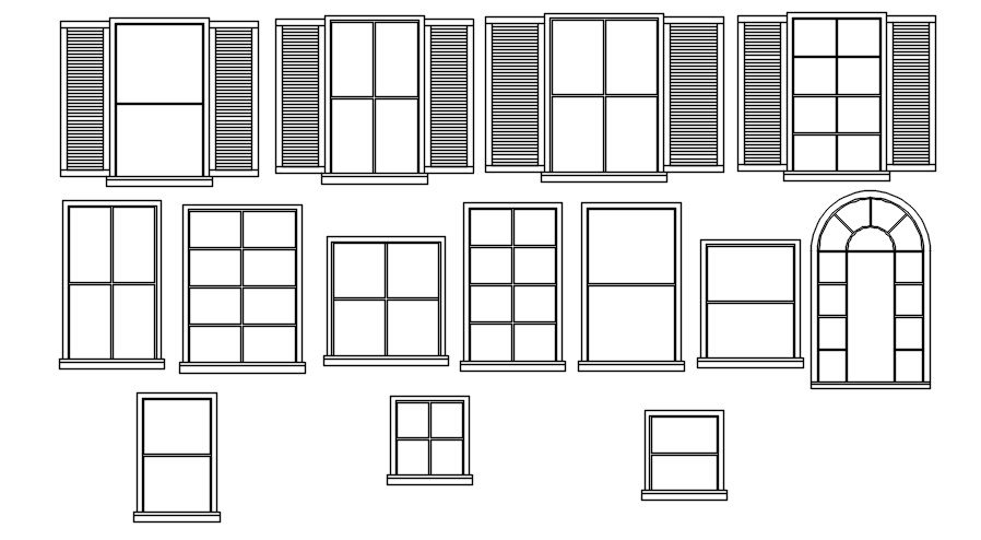 Different types of windows in AutoCAD drawing, CAD file, dwg file