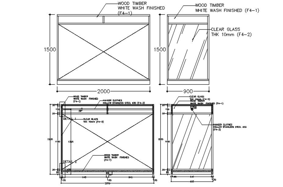 Different views of glass box in AutoCAD 2D drawing, dwg file, CAD file