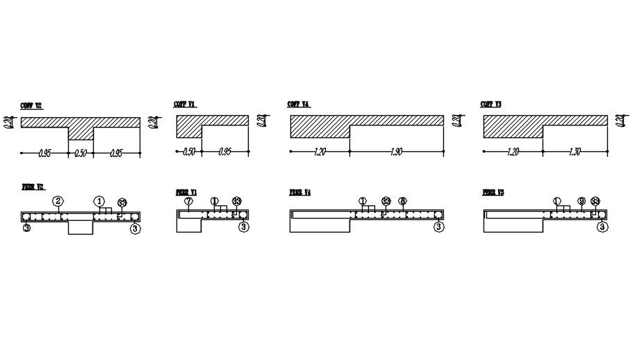Different wall sections design with reinforcement details in AutoCAD 2D drawing, CAD file, dwg file