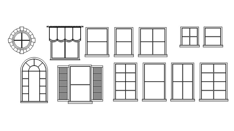Different window designs CAD blocks in AutoCAD 2D drawing, CAD file, dwg file