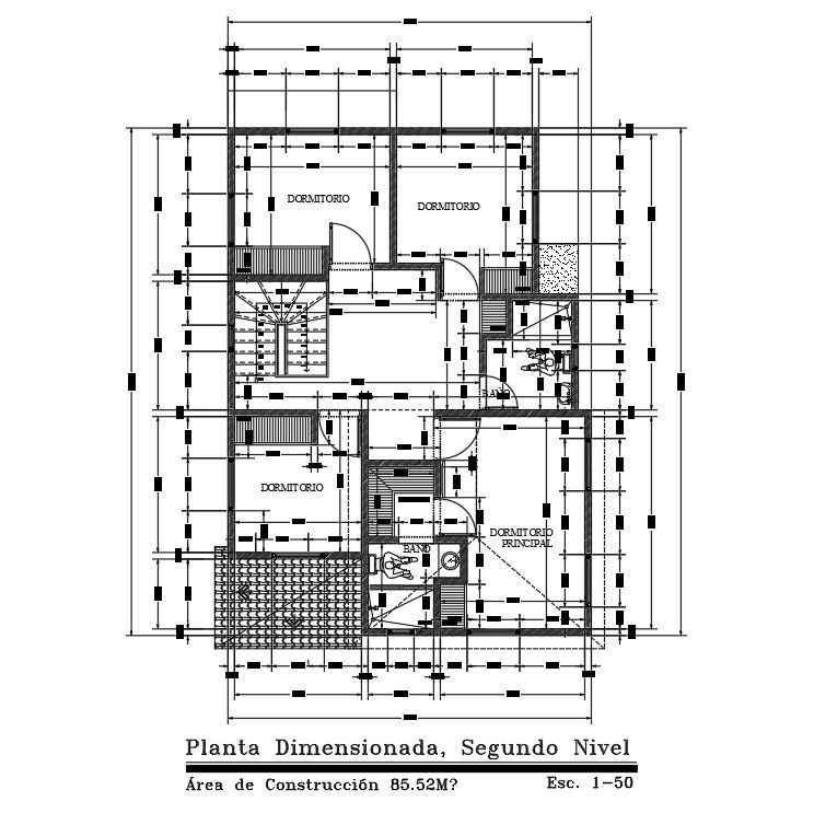 Dimension detail of 10x20m second floor house plan is given in this Autocad drawing file. Download now.