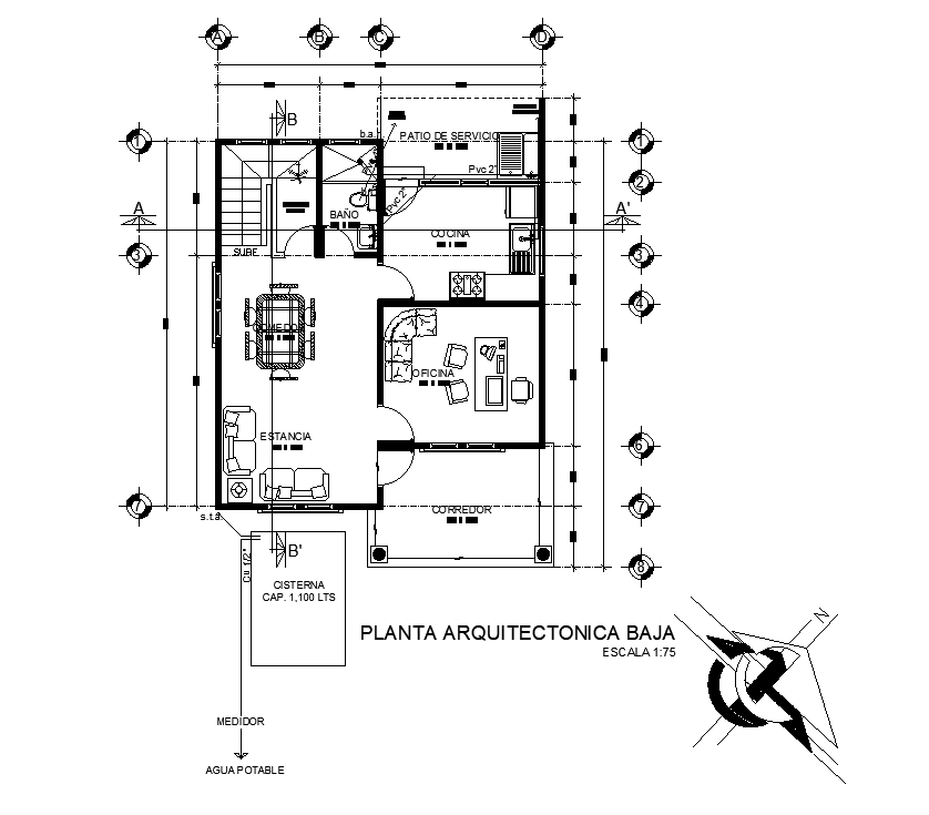 Dimension detail of 8x10m ground floor house plan is given in this AutoCAD drawing model. Download now.