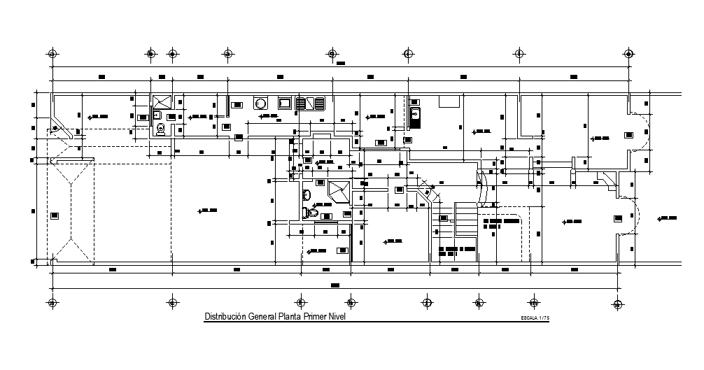 Dimension detail of ground floor of 40x11m house plan is given in this AutoCAD drawing model. Download now.