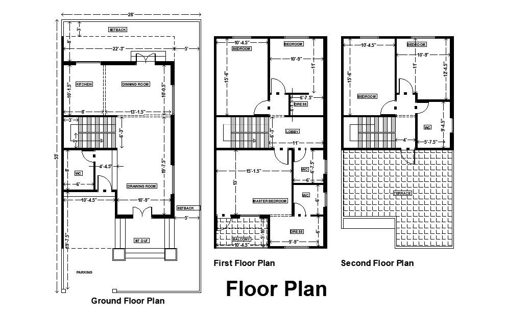 Dimension details of 28’x55’ East facing house plan is given as per vastu shastra in this Autocad drawing file.