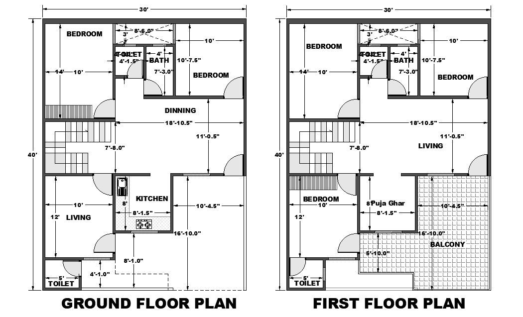 Dimension details of 30’x40’ East facing house plan is given as per vastu shastra in this Autocad drawing file. Download Autocad file now.