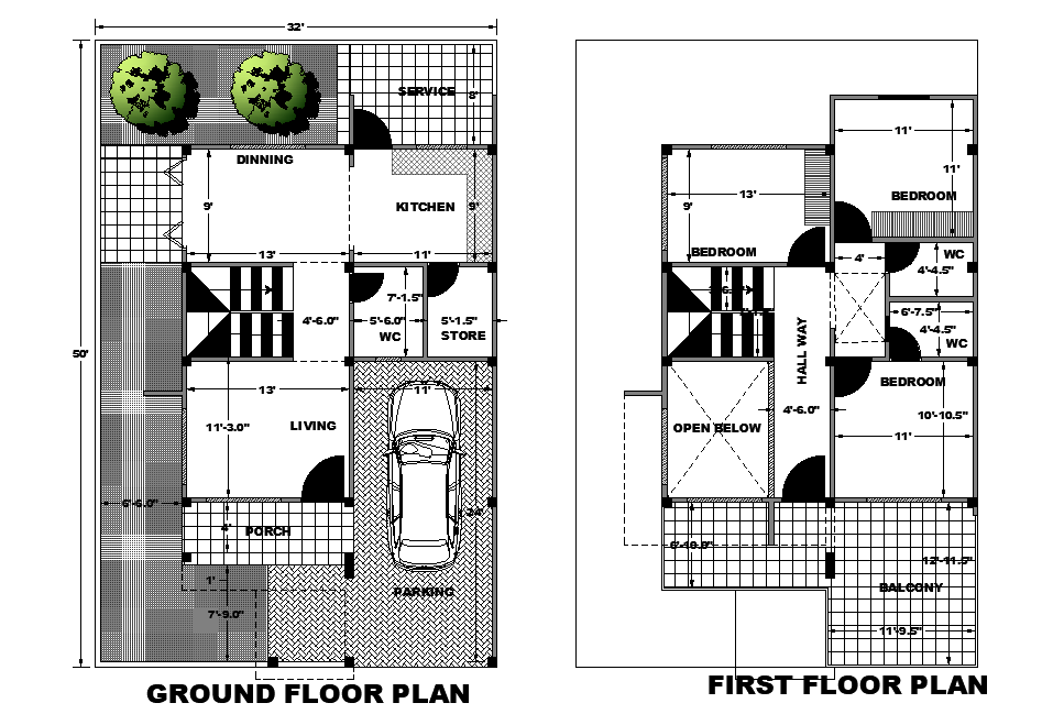 Dimension details of 32’x50’ East facing house plan is given as per vastu shastra in this Autocad drawing file. Download Autocad file now.