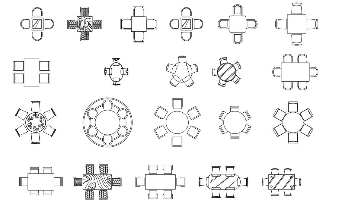 Dining Table Chair CAD Blocks Top View Plan Drawing