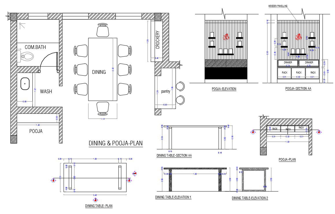 Dining and pooja room interior plan and elevation views