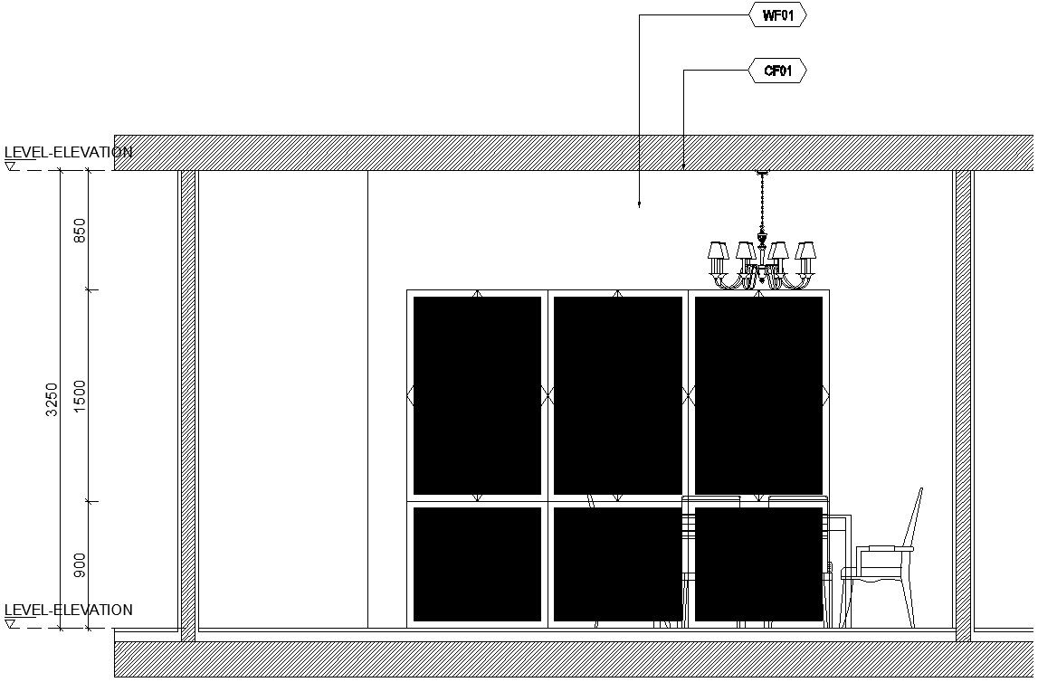 Dinning area window wall elevation in AutoCAD, Dwg file.