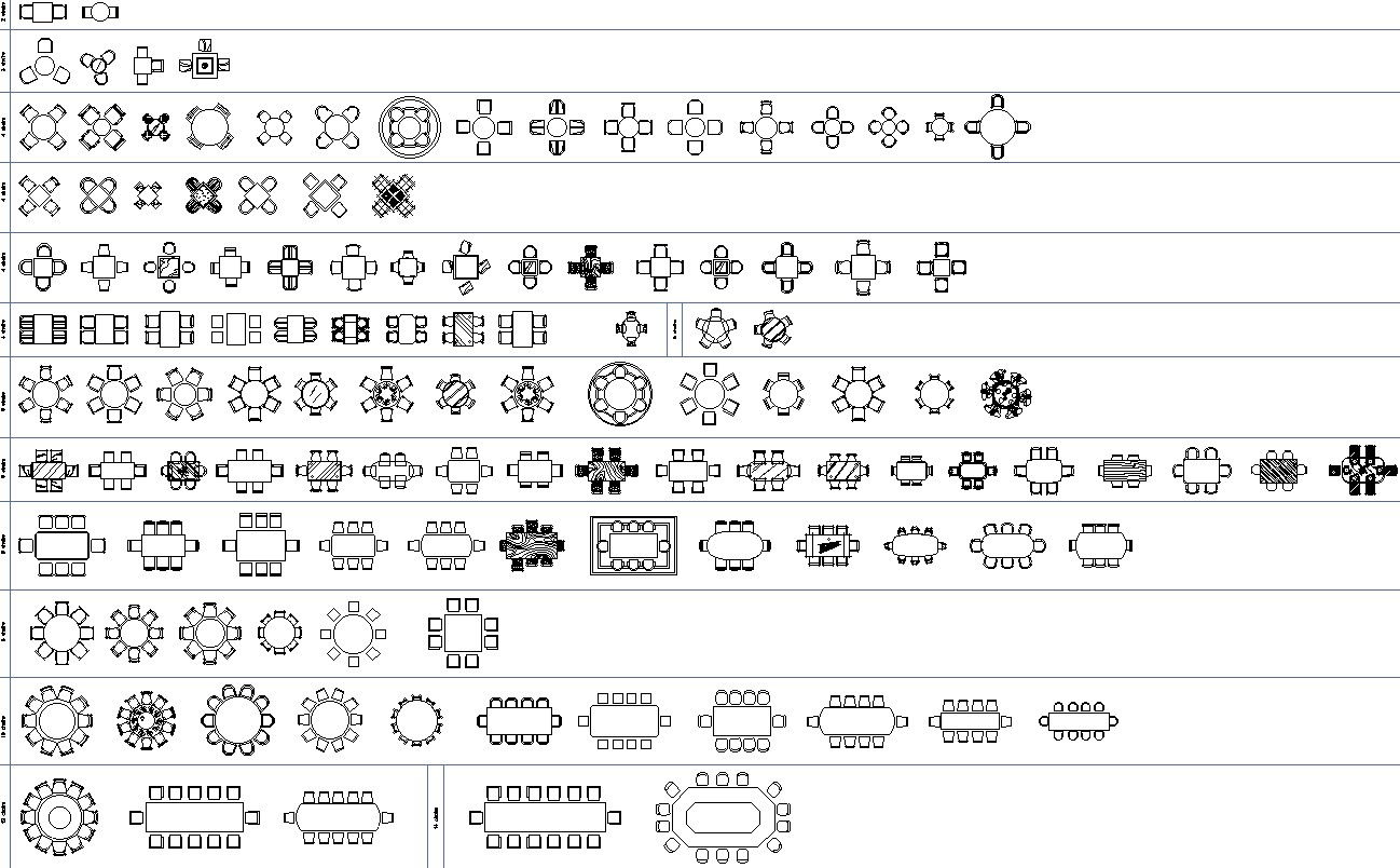 2D Blocks of Dining Room Furniture in AutoCAD DWG File