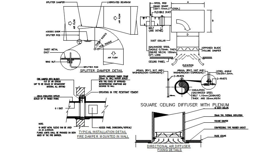 Directional air diffuser fixing details are given in this 2D AutoCAD DWG drawing file. Downlaod the 2D Autocad DWG drawing file.
