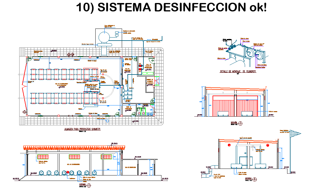 Disinfection system plan and section autocad file