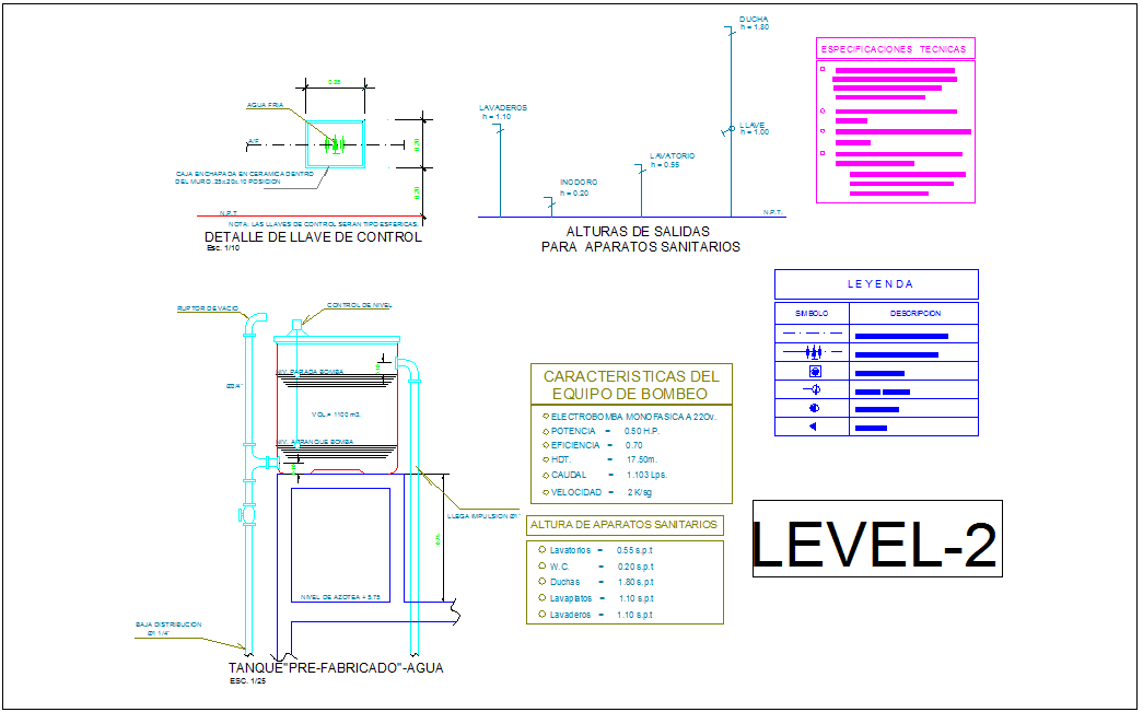 Distribution of water line with sanitary view for second level of house dwg file